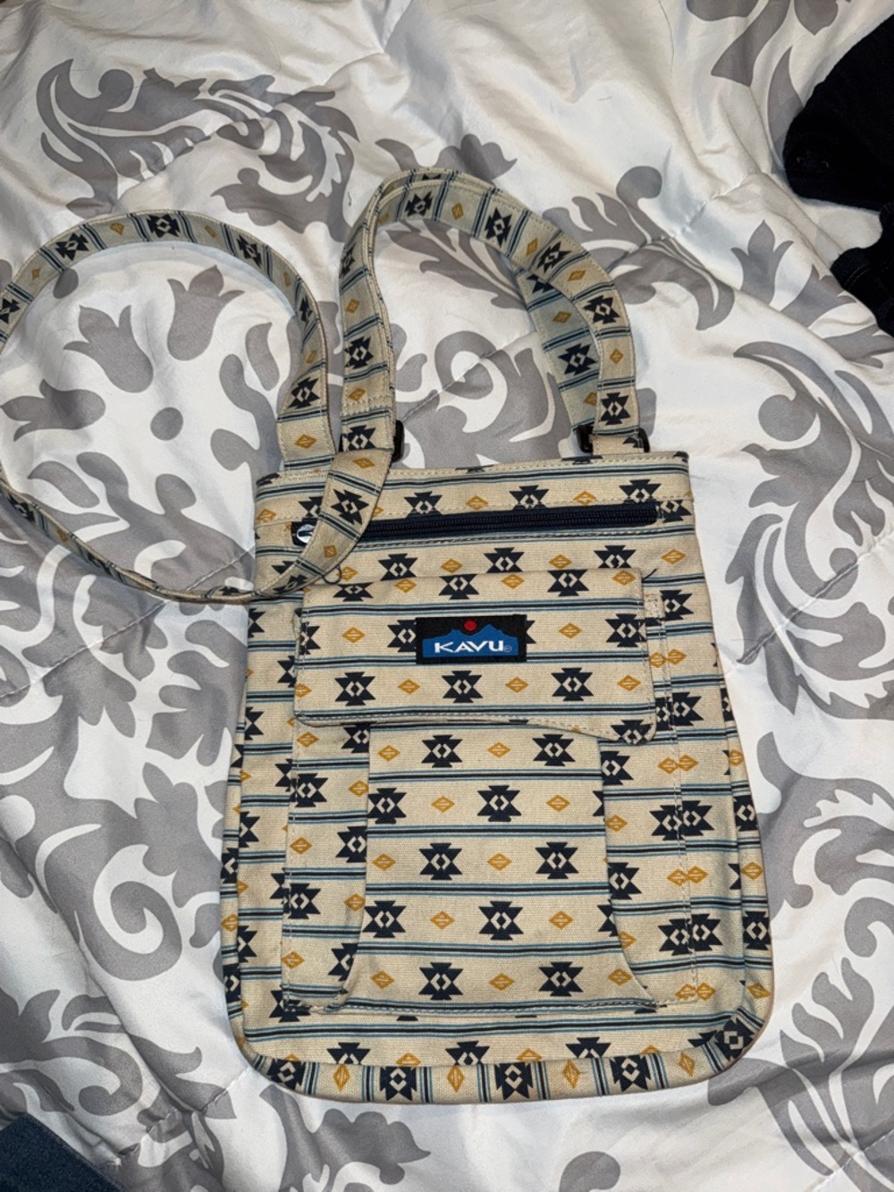Kavu Keeper Crossbody Bag with Navy & Mustard Aztec Pattern 100% Cotton Canvas